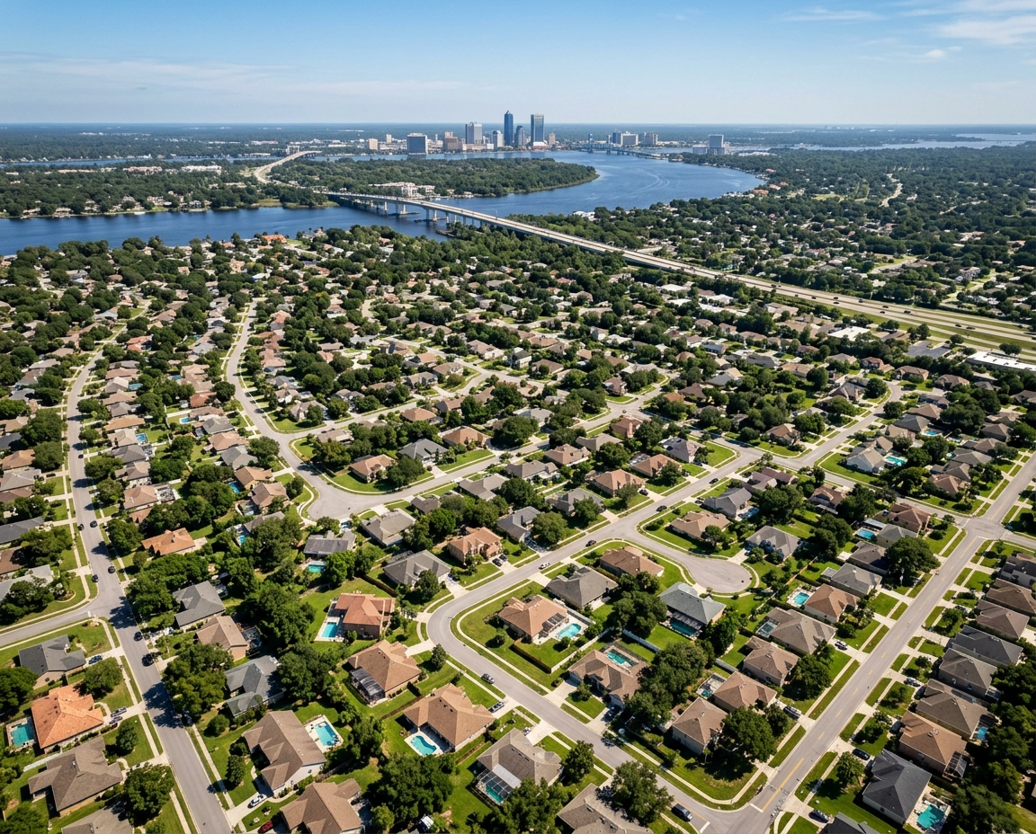 Aerial view of Jacksonville neighborhoods along the St. Johns River