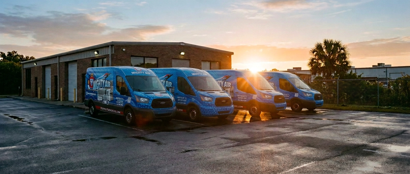 Mighty Air branded service vans parked at sunset