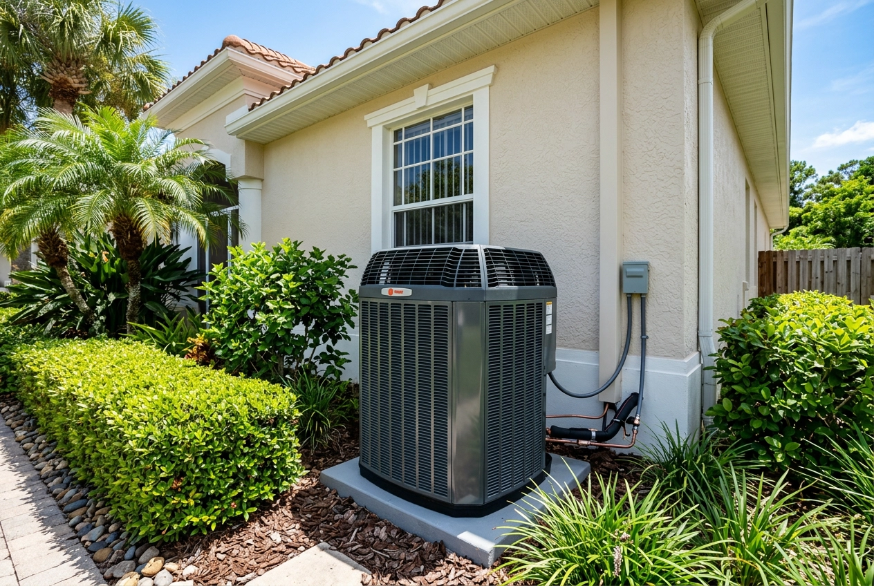 Outdoor AC condenser unit beside a Florida home