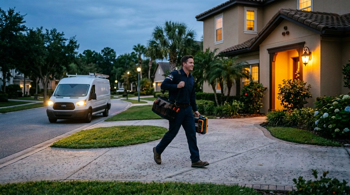 Mighty Air technician arriving at a home at dusk