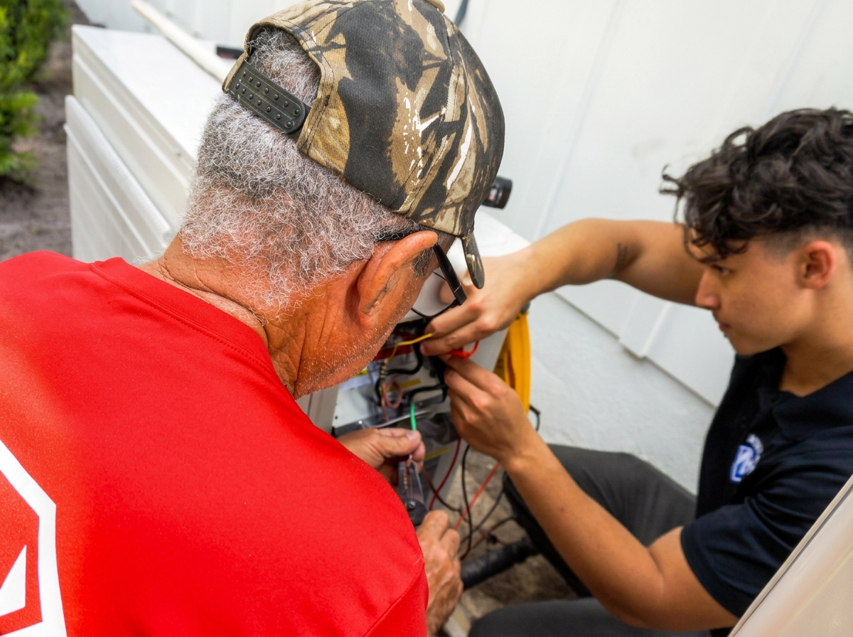 Mighty Air technician explaining repair options to a homeowner