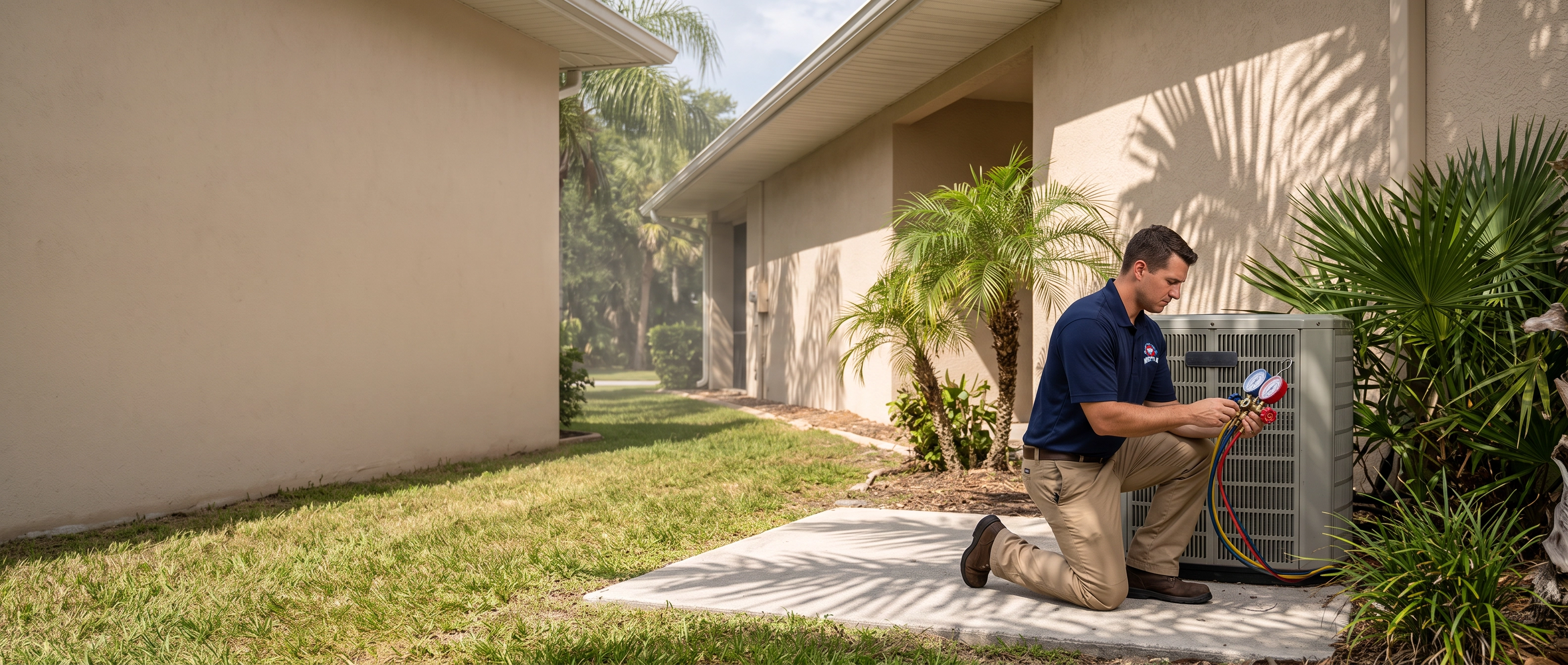 Mighty Air technician servicing an outdoor AC unit beside a Jacksonville home