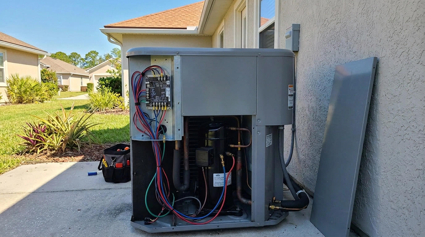 Mighty Air technician repairing an outdoor AC condenser