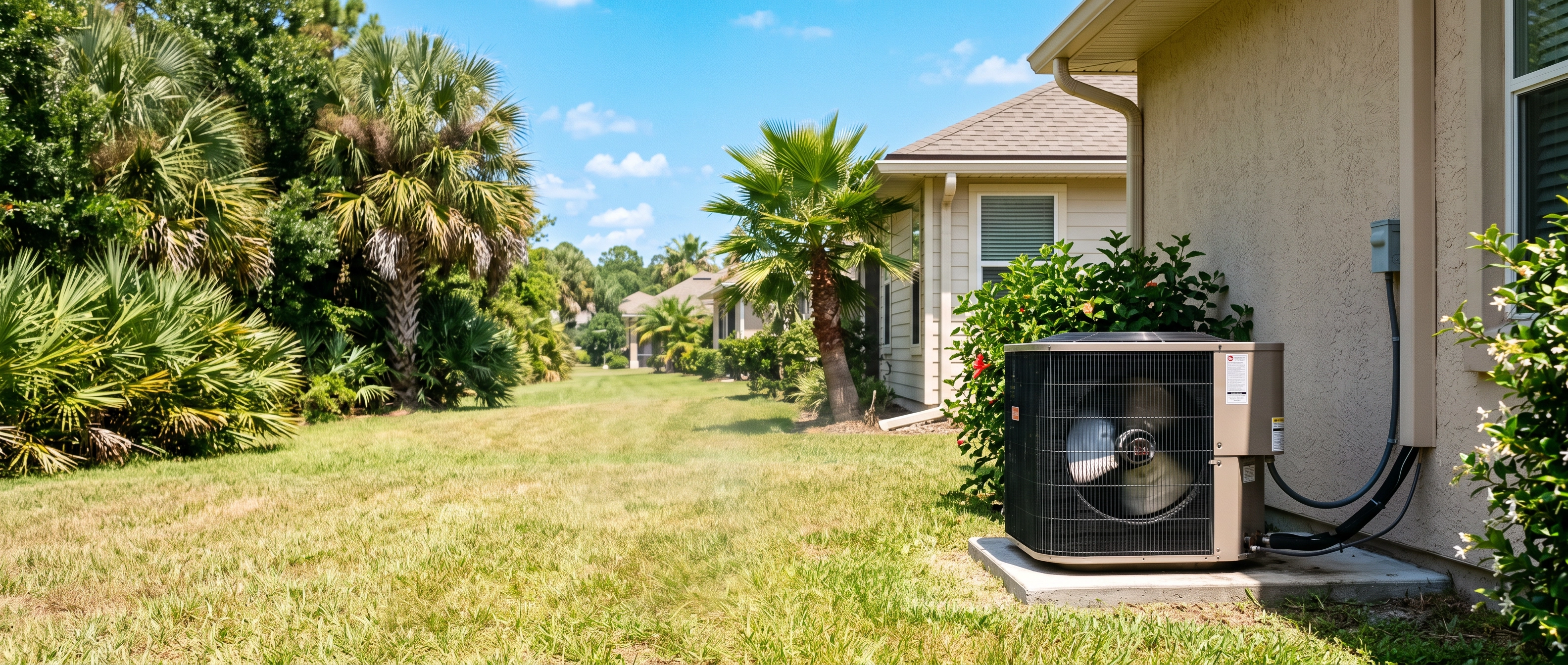 Mighty Air technician at an outdoor AC unit on a hot Jacksonville afternoon