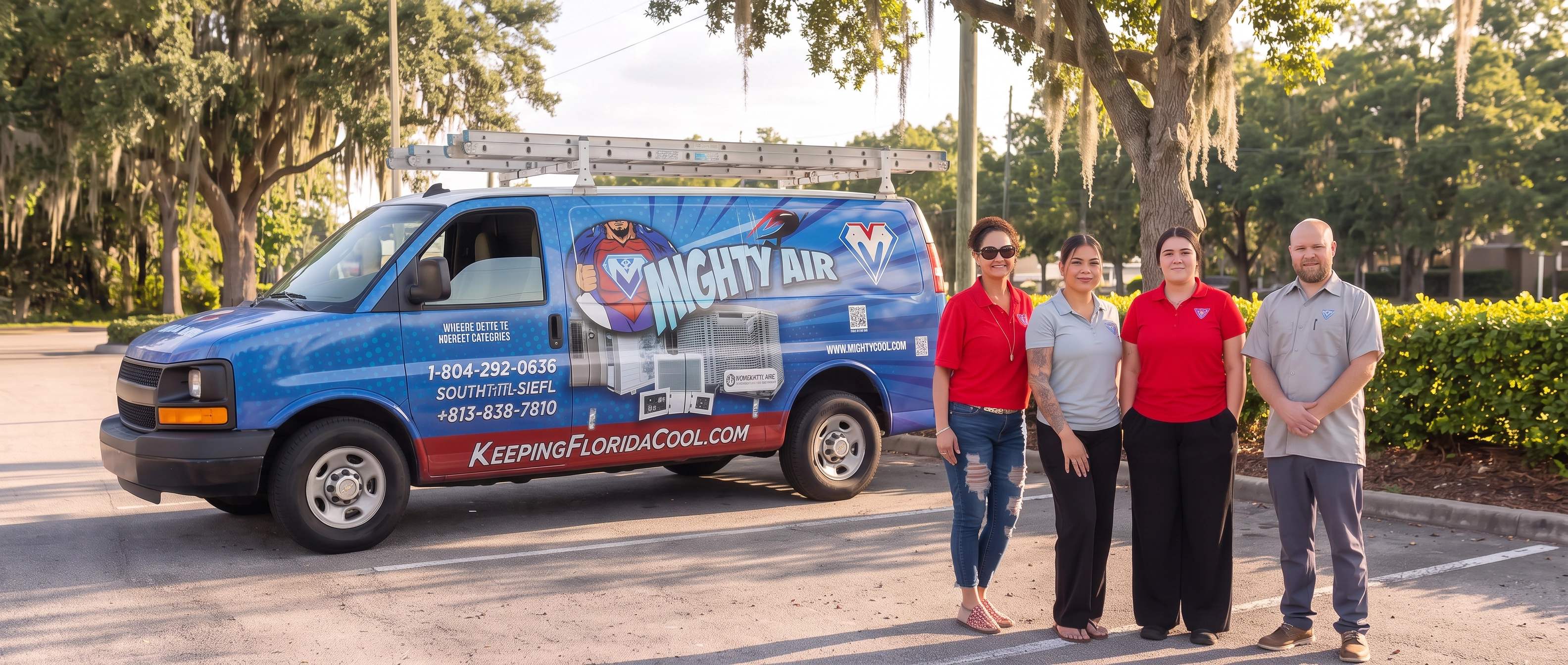 The Mighty Air team standing in front of a Mighty Air service van