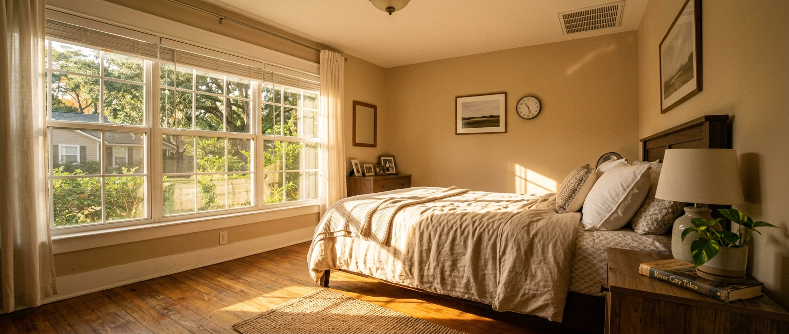 Sunlit bedroom in a Jacksonville home with afternoon light through the window