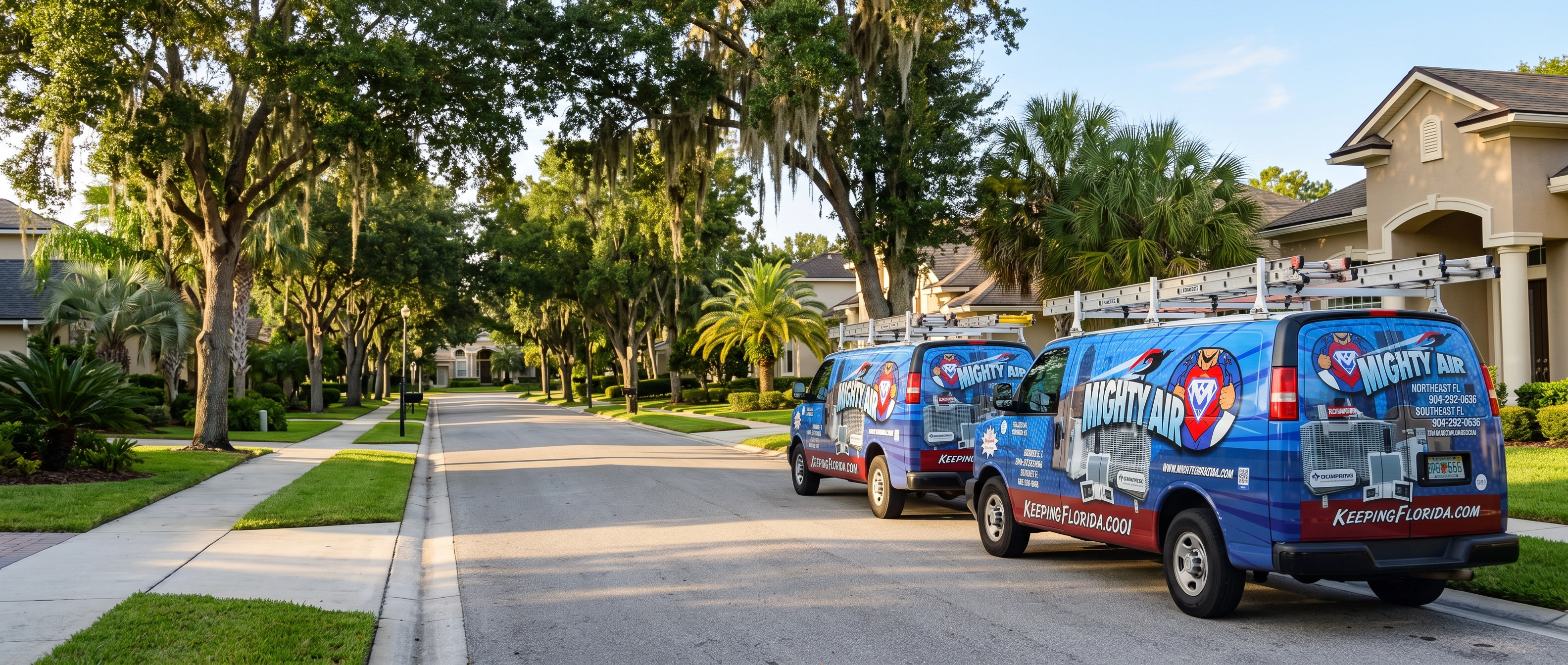 Mighty Air technicians and service vans on a Jacksonville neighborhood street