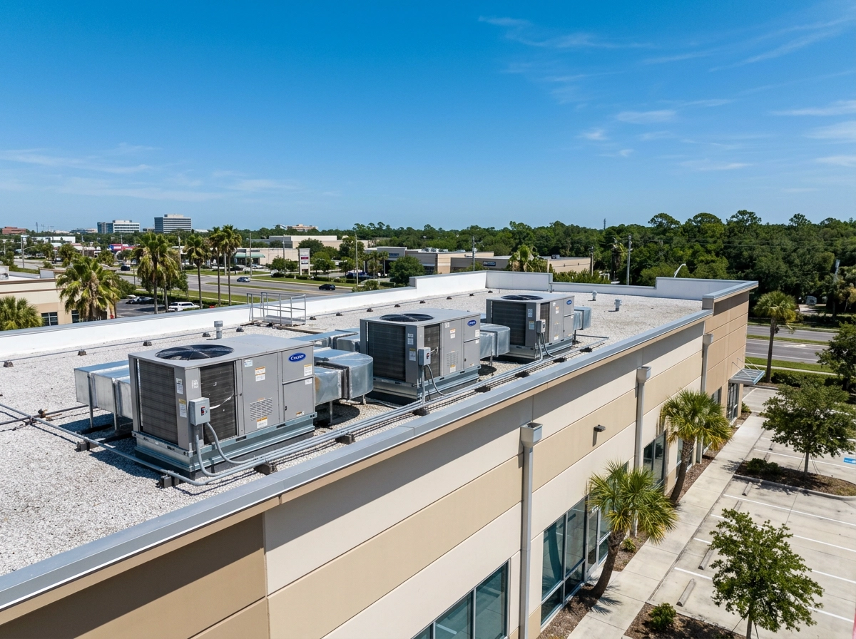 Technician servicing a rooftop AC unit on a Jacksonville business