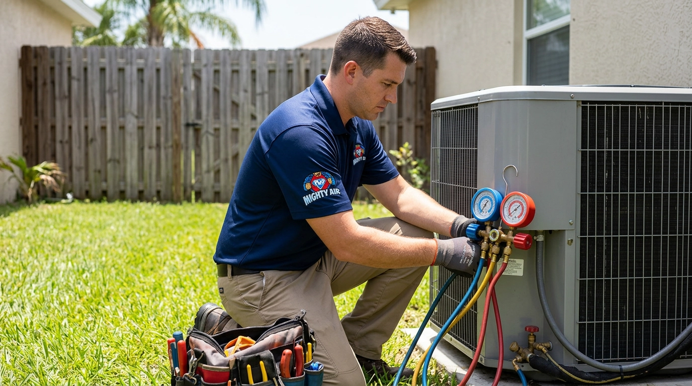 Outdoor heat pump unit beside a Northeast Florida home