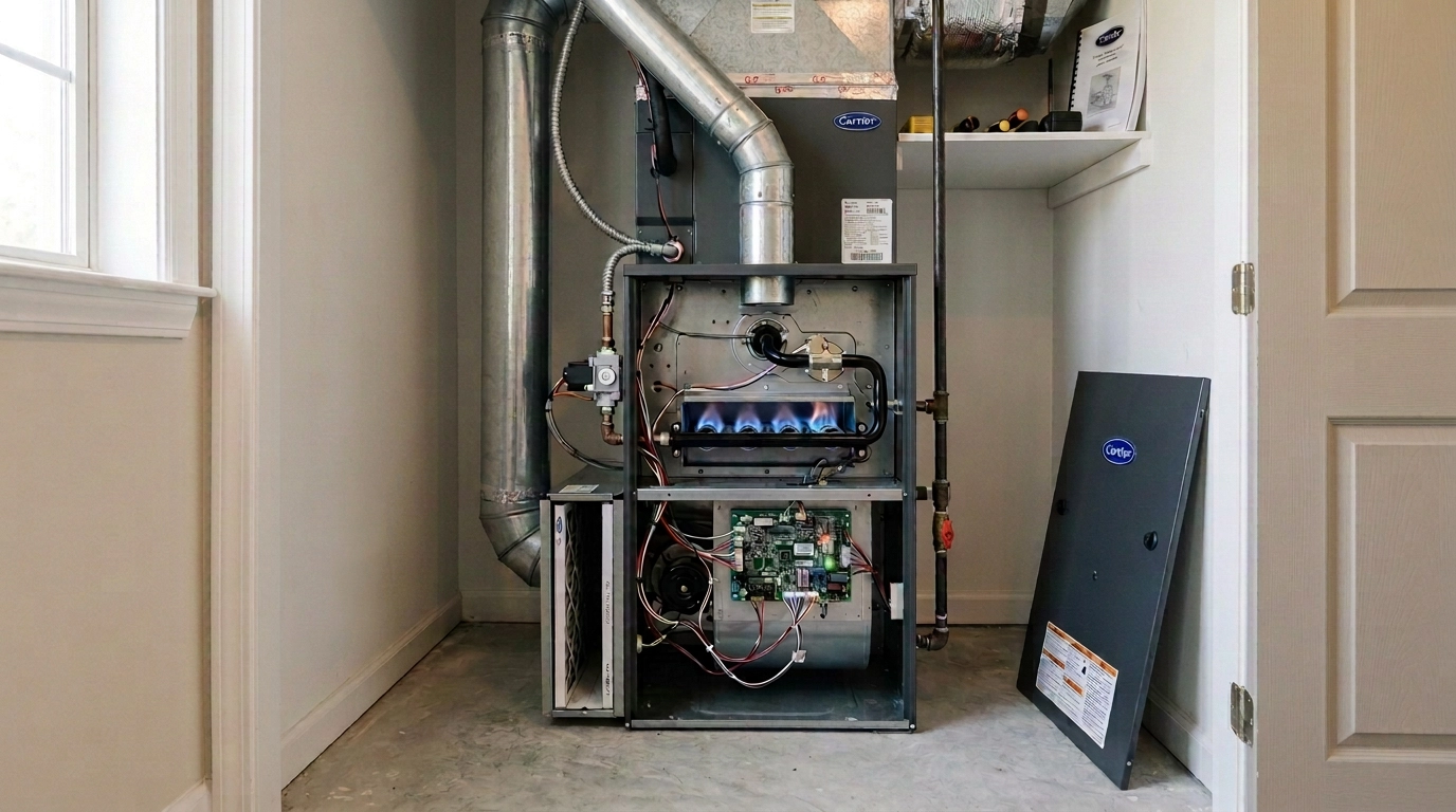 Technician evaluating a gas furnace in a Jacksonville utility closet