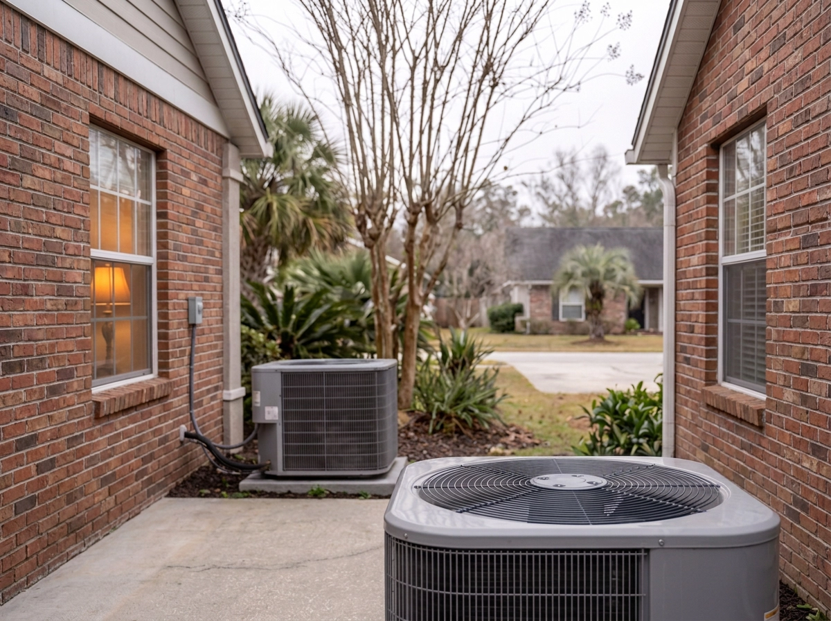 Outdoor heat pump running in heating mode beside a Jacksonville home