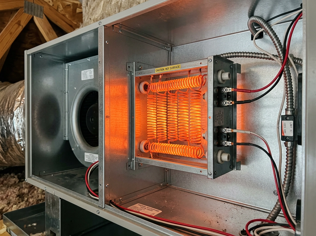 Technician inspecting electric heat strips inside an air handler