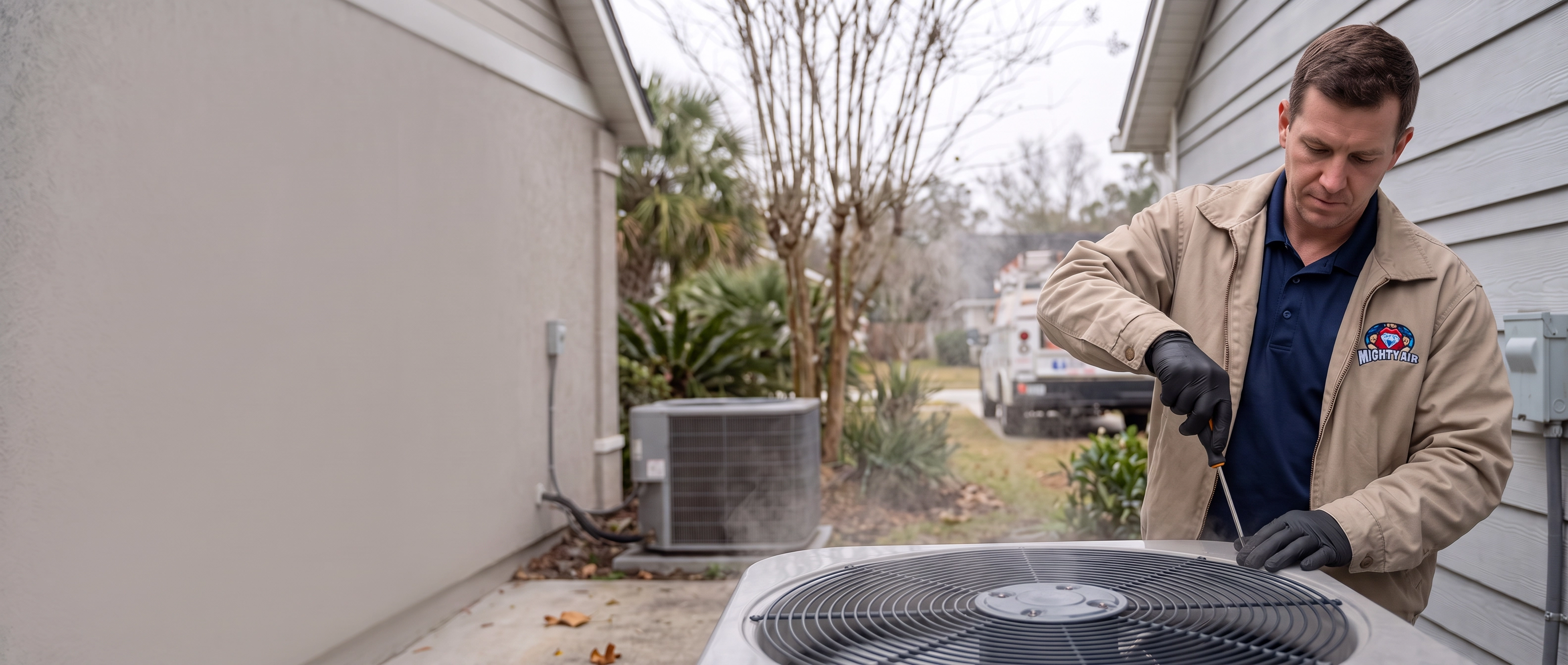 Mighty Air technician checking a heat pump on a cool Jacksonville morning