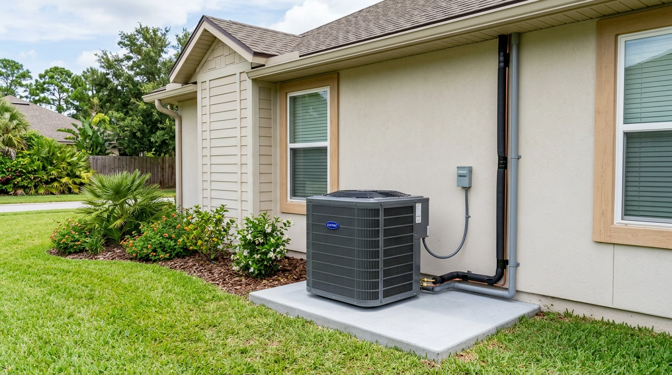Newly installed heat pump system beside a Northeast Florida home