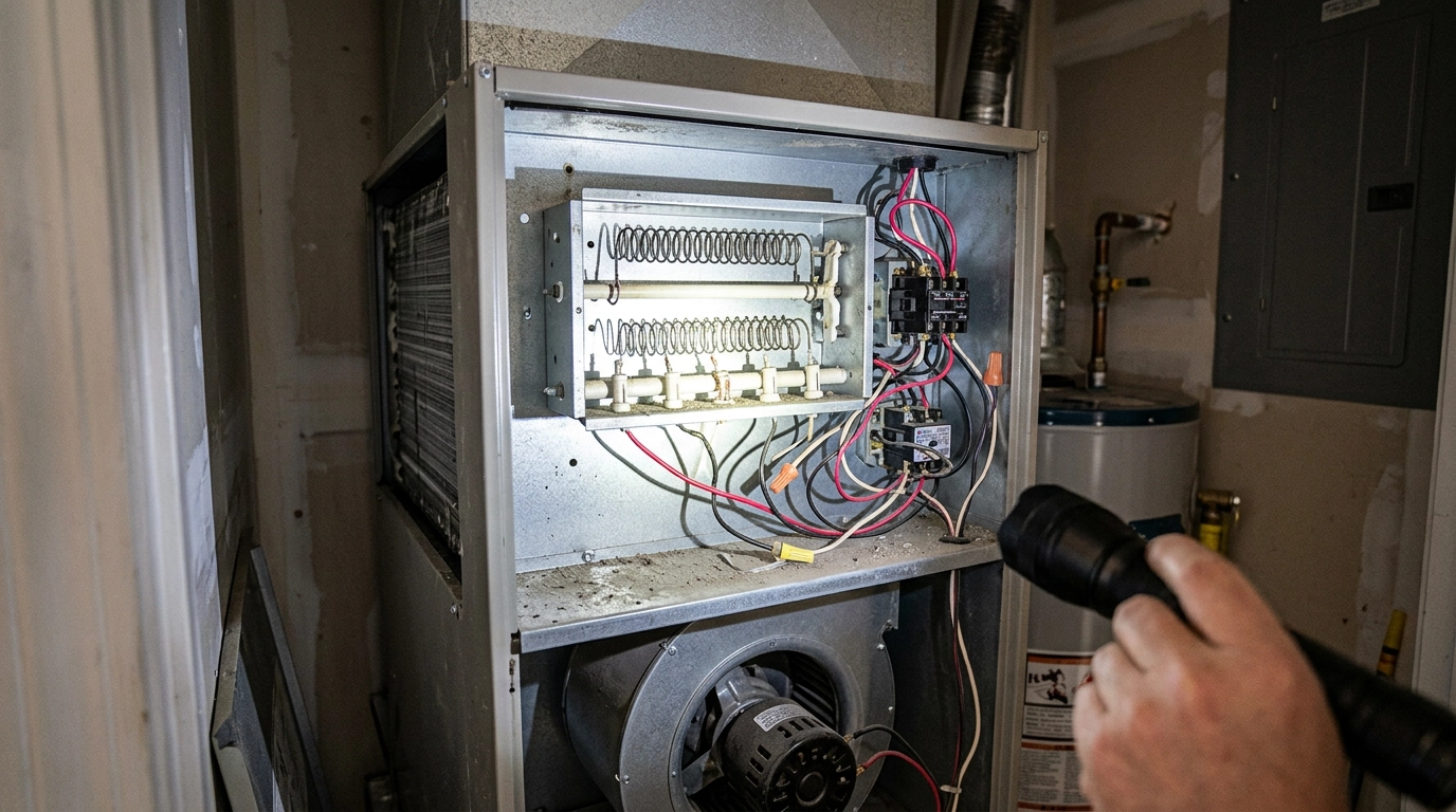 Technician testing heating components inside an air handler