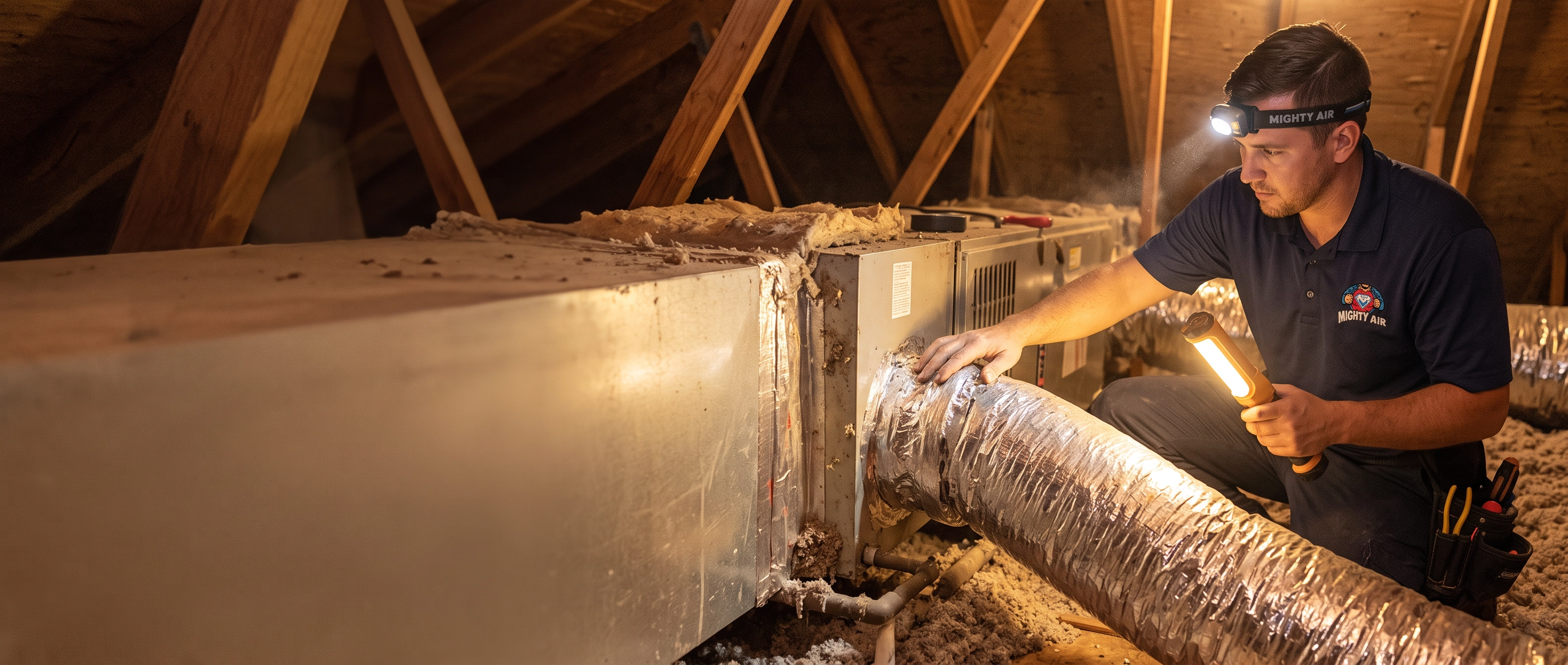 Mighty Air technician inspecting ductwork and an air handler in a Jacksonville attic