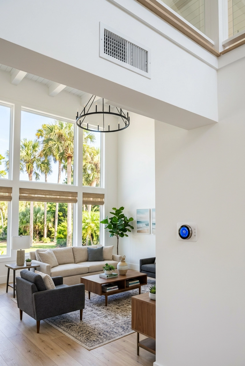 Indoor air handler, ductwork and thermostat wiring in a Jacksonville home