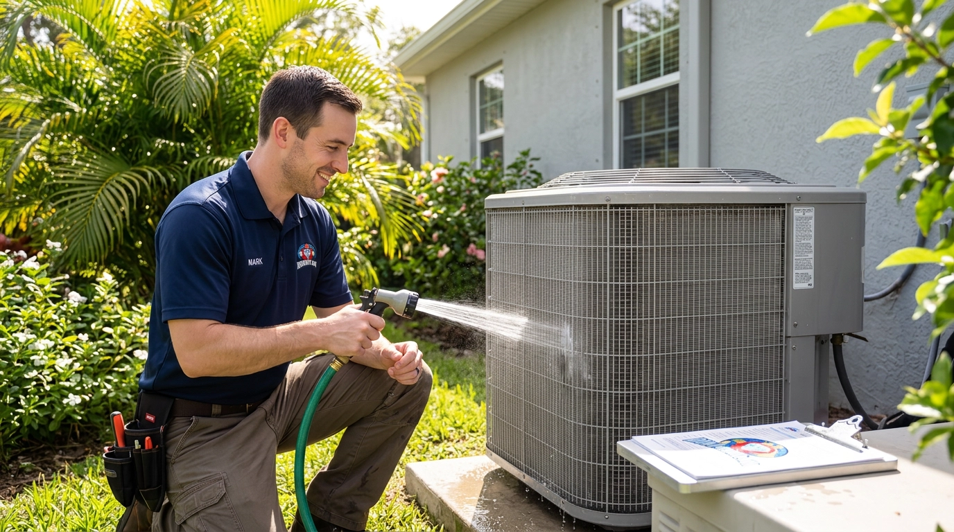 Technician performing seasonal maintenance on an outdoor heat pump