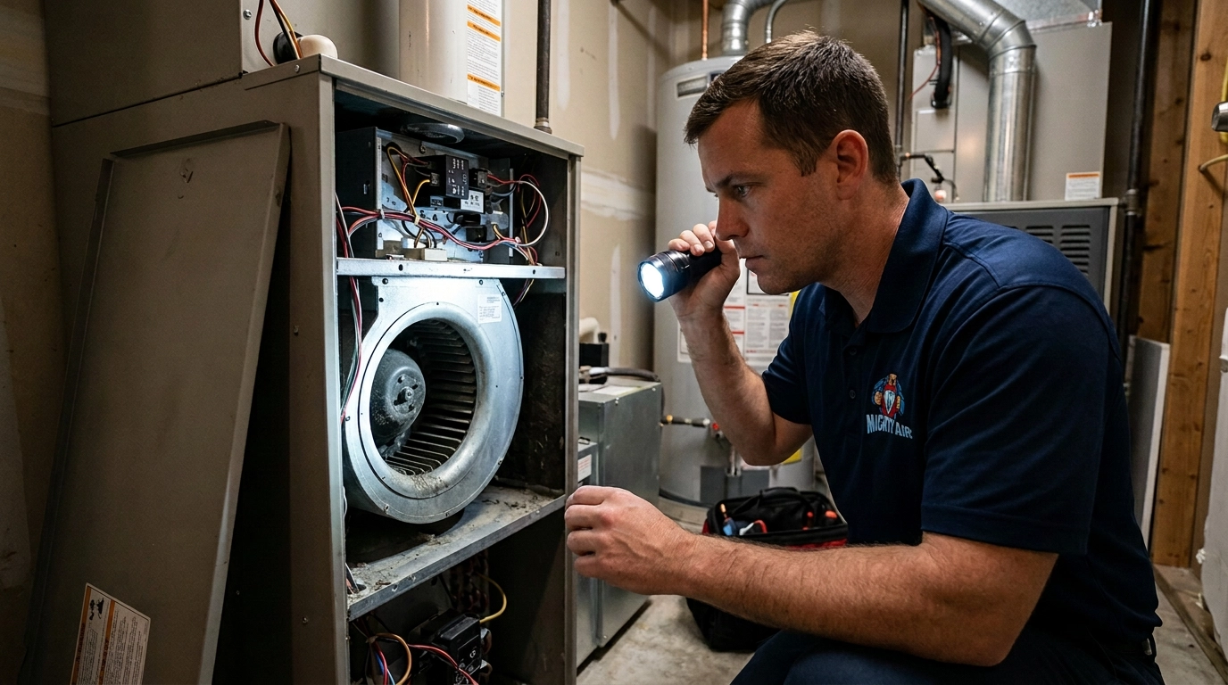 Technician inspecting an open air handler during a maintenance visit