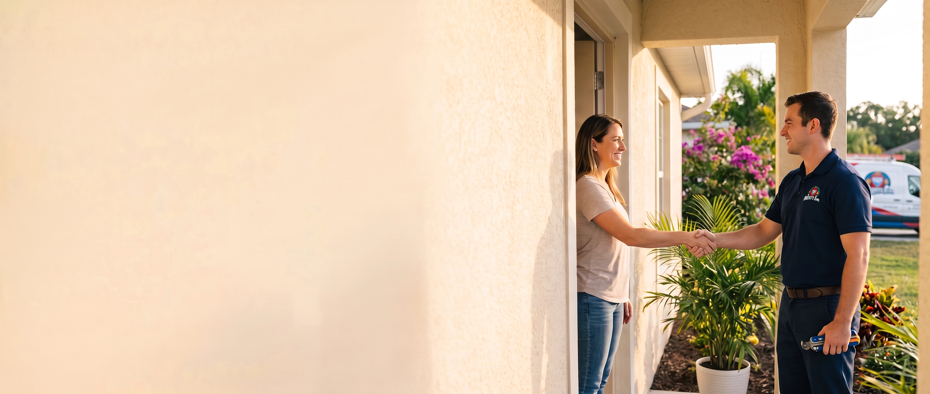 Happy homeowner with a Mighty Air technician at the front door