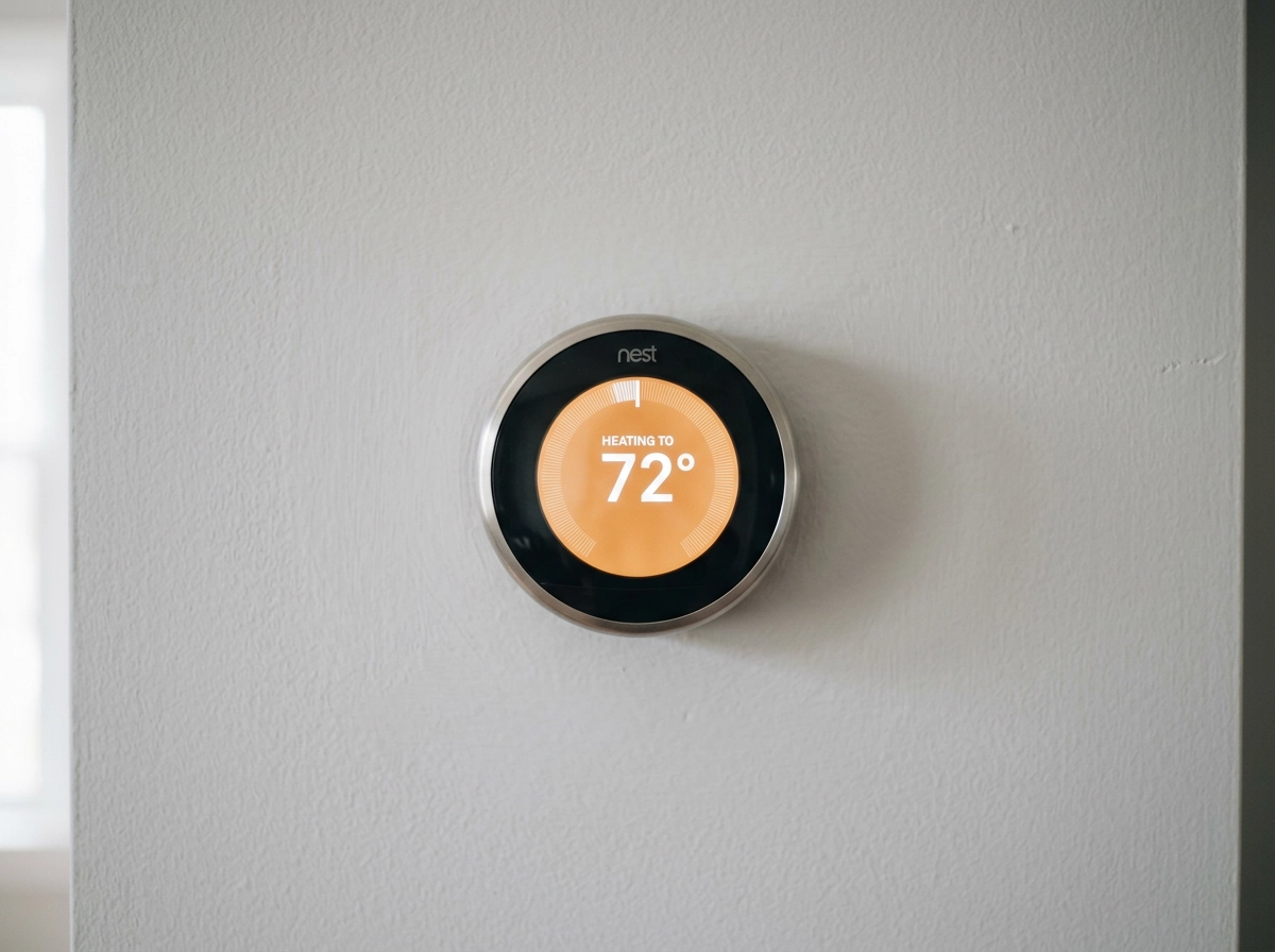 Smart thermostat on a living room wall