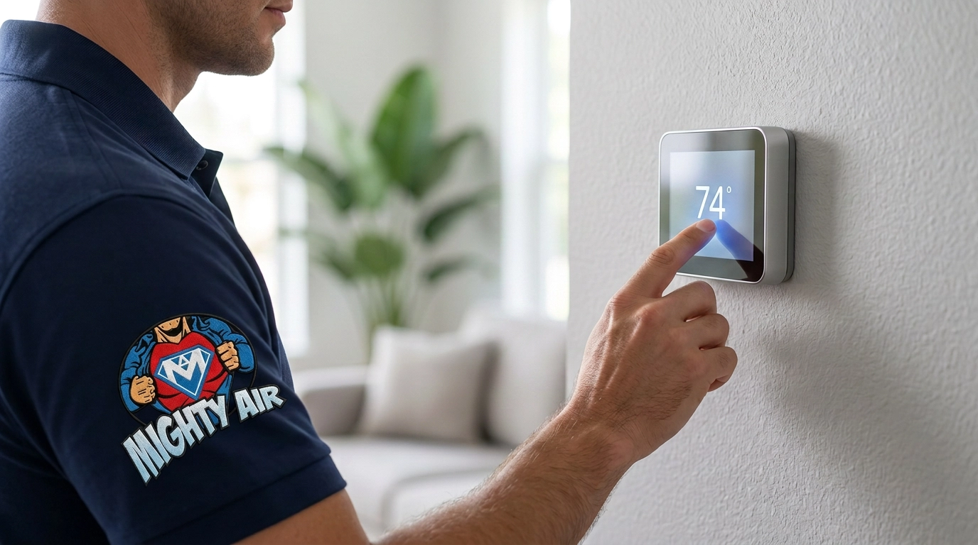 Smart thermostat on a living room wall